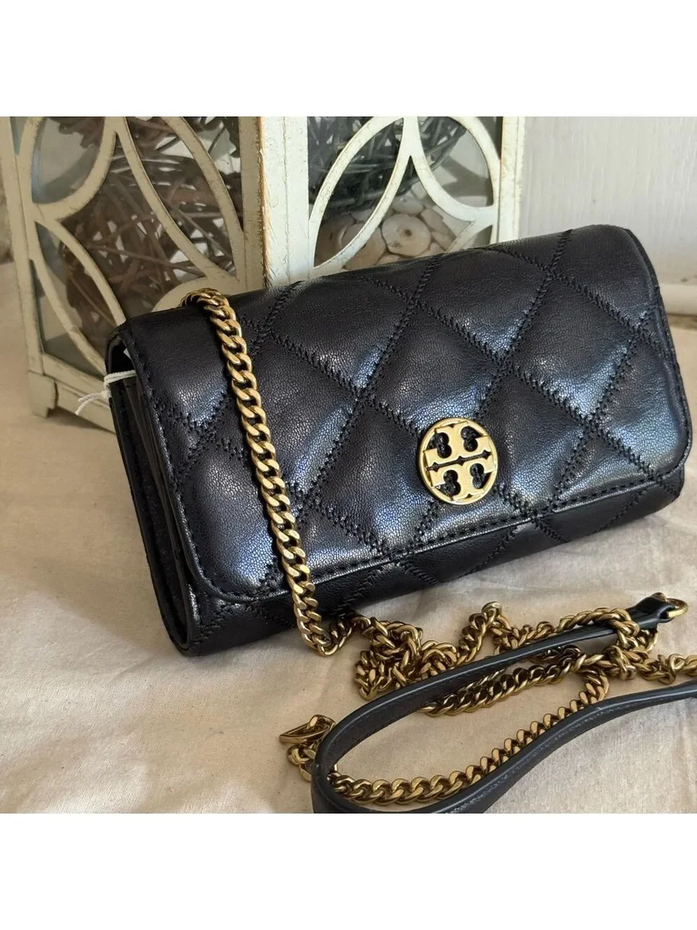 New Tory Burch Willa Diamond Quilted Soft Leather Crossbody Chain Wallet Bag,